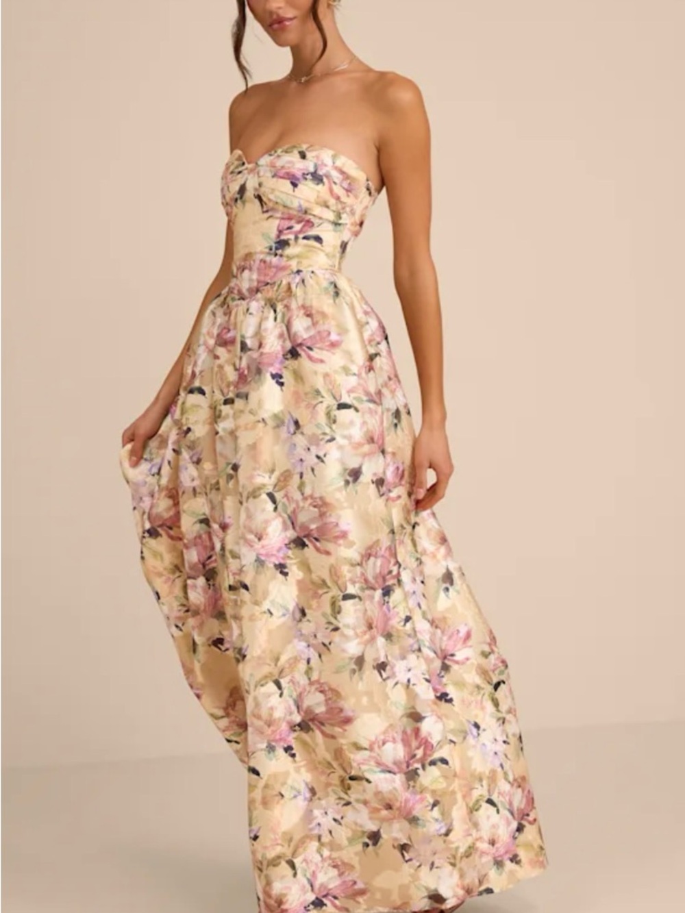 Lulus Kathani Light Yellow Floral Jacquard Bustier Maxi Dress - Size L - Picture 3 of 4